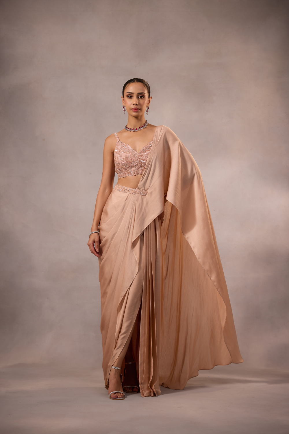 Champagne Pink Draped Saree Set with Embellished Bustier Blouse