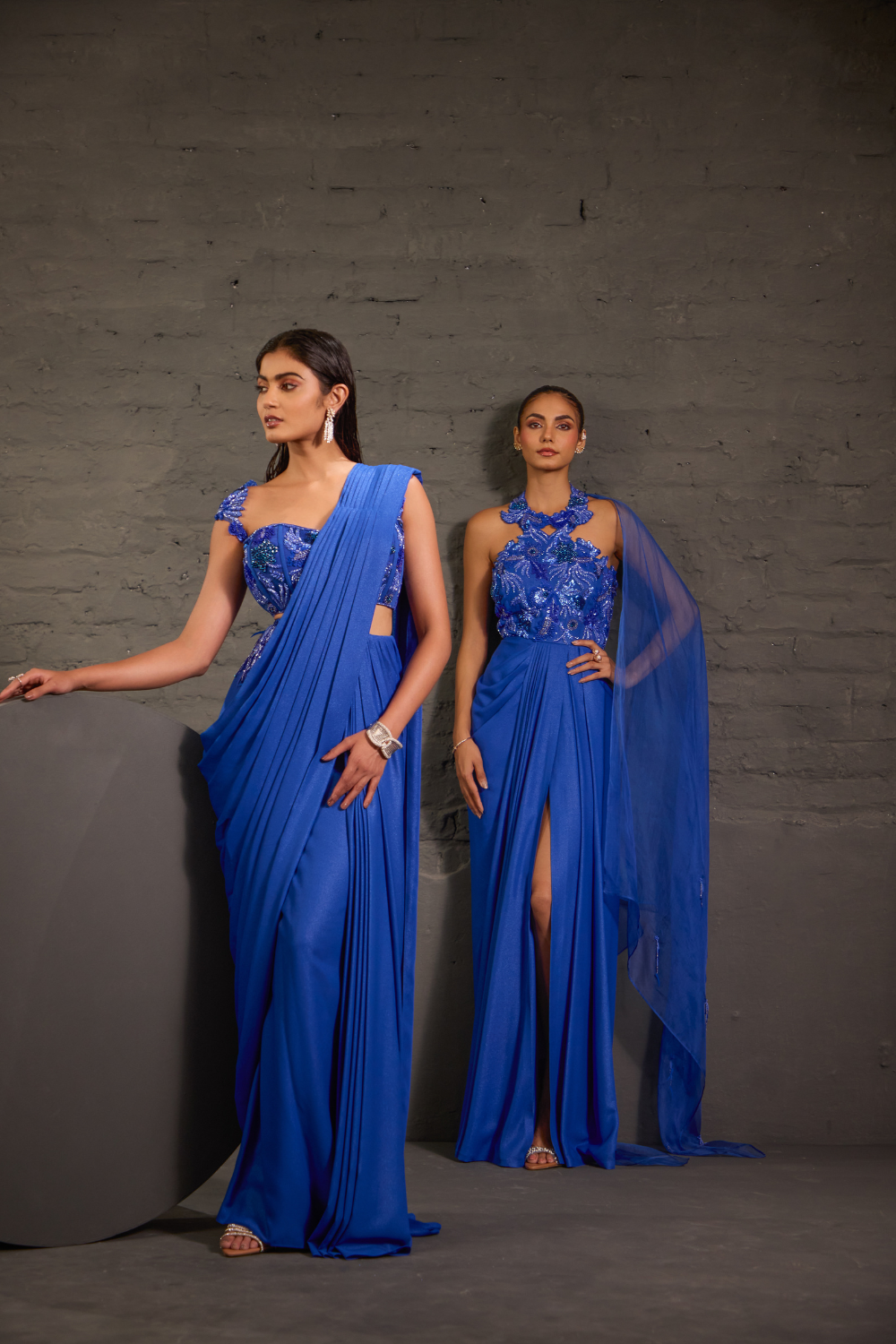 Royal Blue Metallic Drape Saree Set With Cutwork Corset Blouse