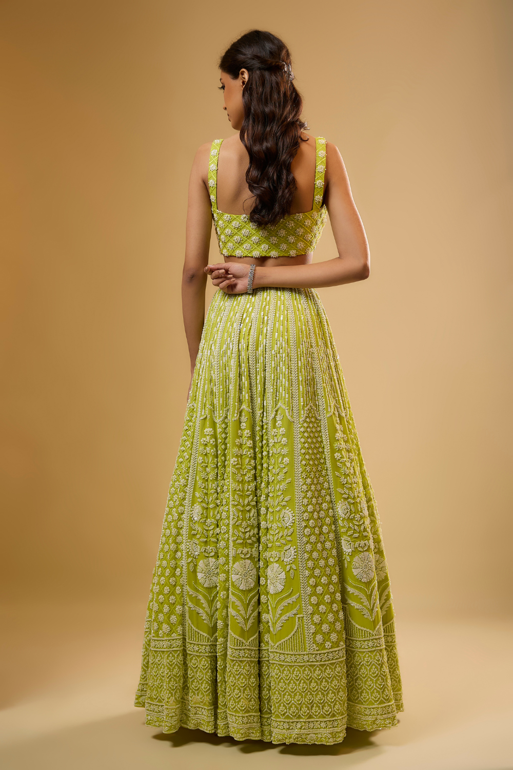 Citrus green georgette lehenga set with sequins & glass beads