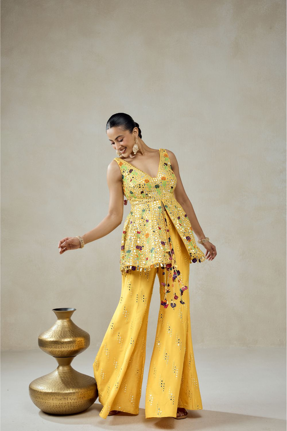 Yellow Sharara Trouser Peplum Set