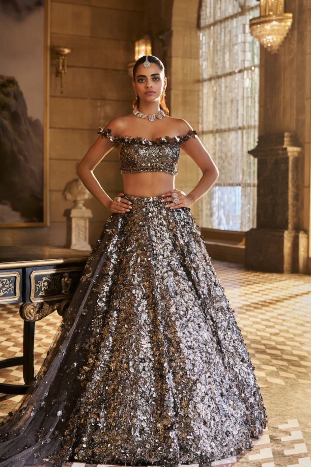 Metallic Silver 3D Lehenga Set