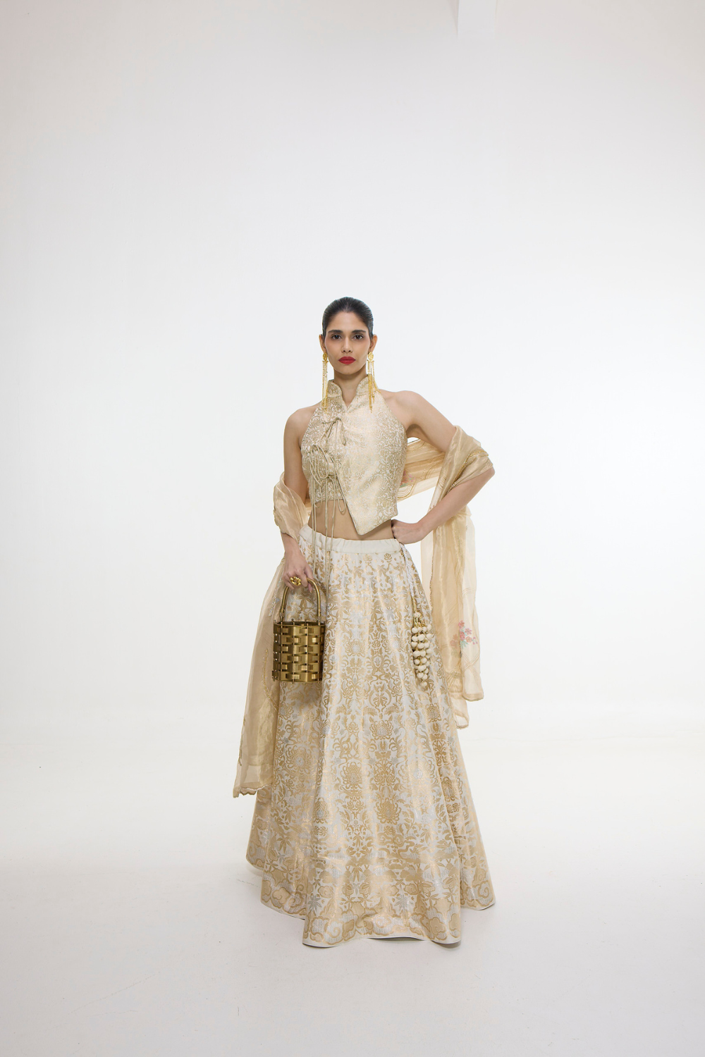 Handwoven Ivory-Gold Silk Lehenga Set