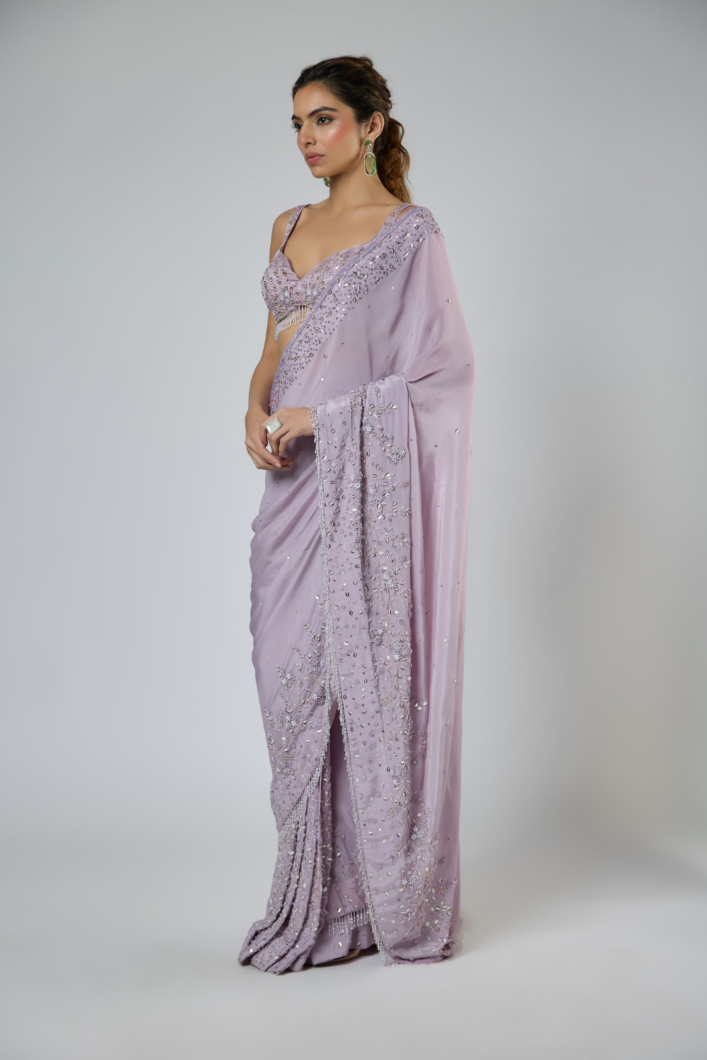 Dusty Lilac Heavy Intricate Floral Embroidered Saree Set