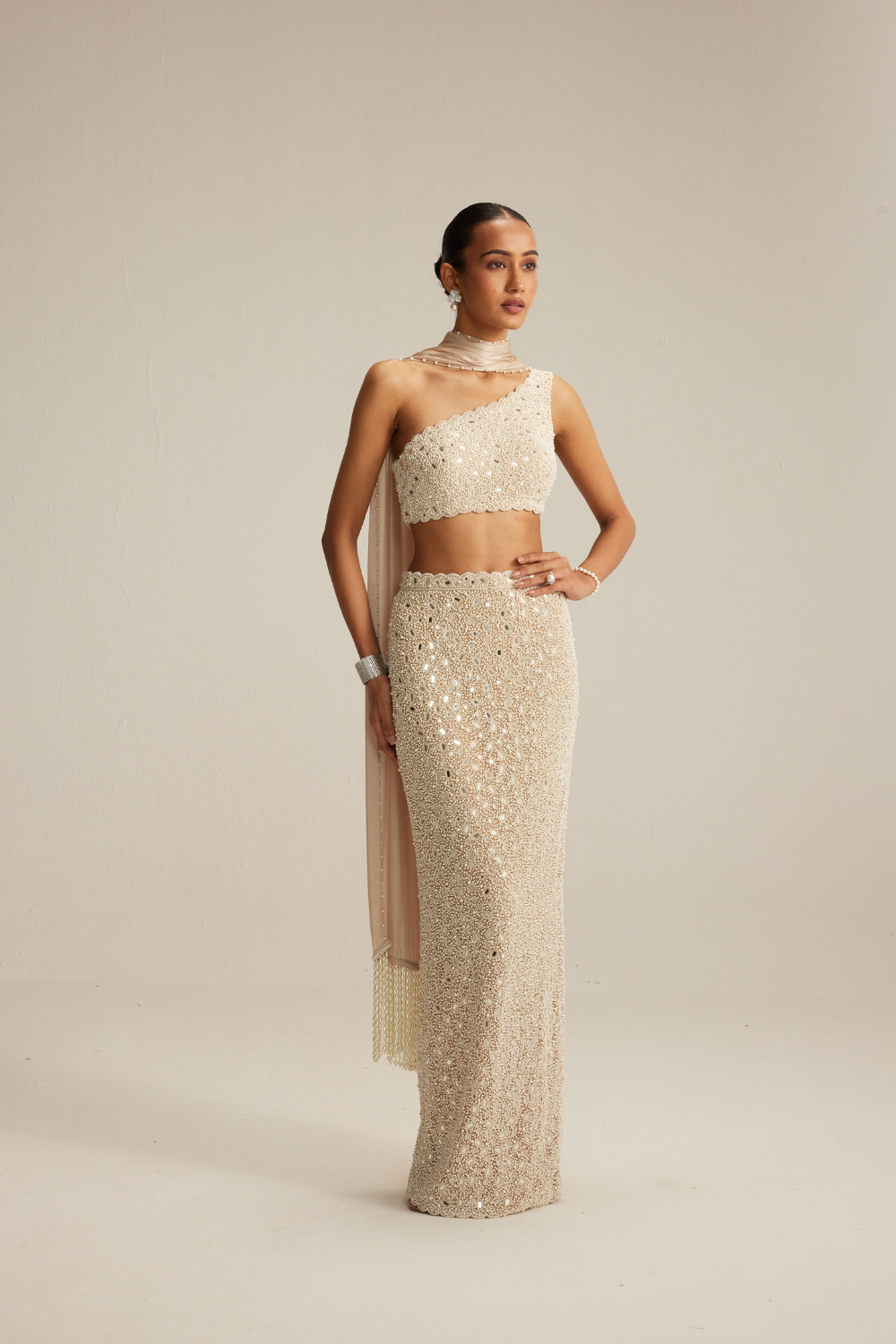 Light Beige Mirror & Pearl Pencil Skirt Set with One-Shoulder Blouse and Satin Stole