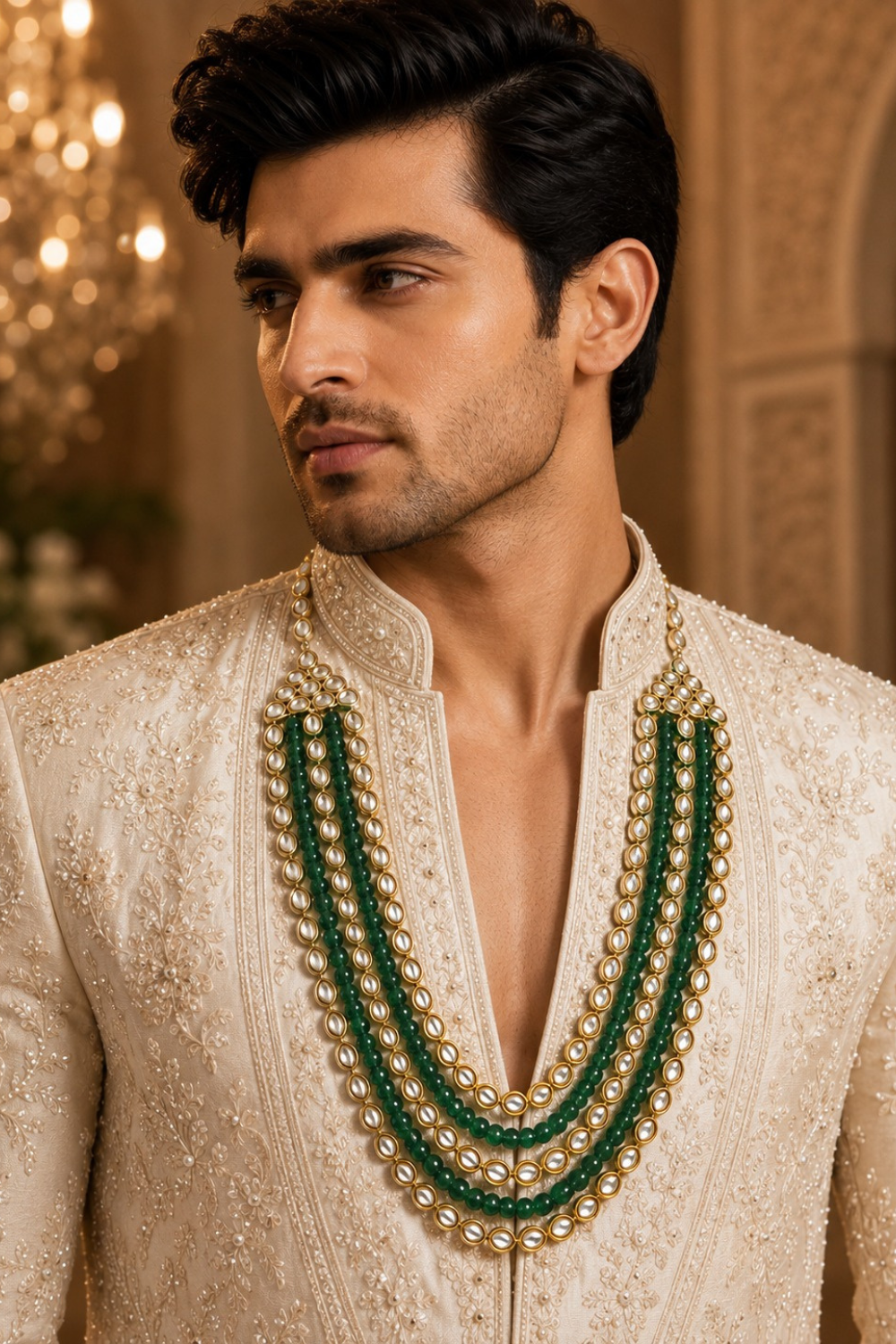Green Beaded Kundan Layered Mala