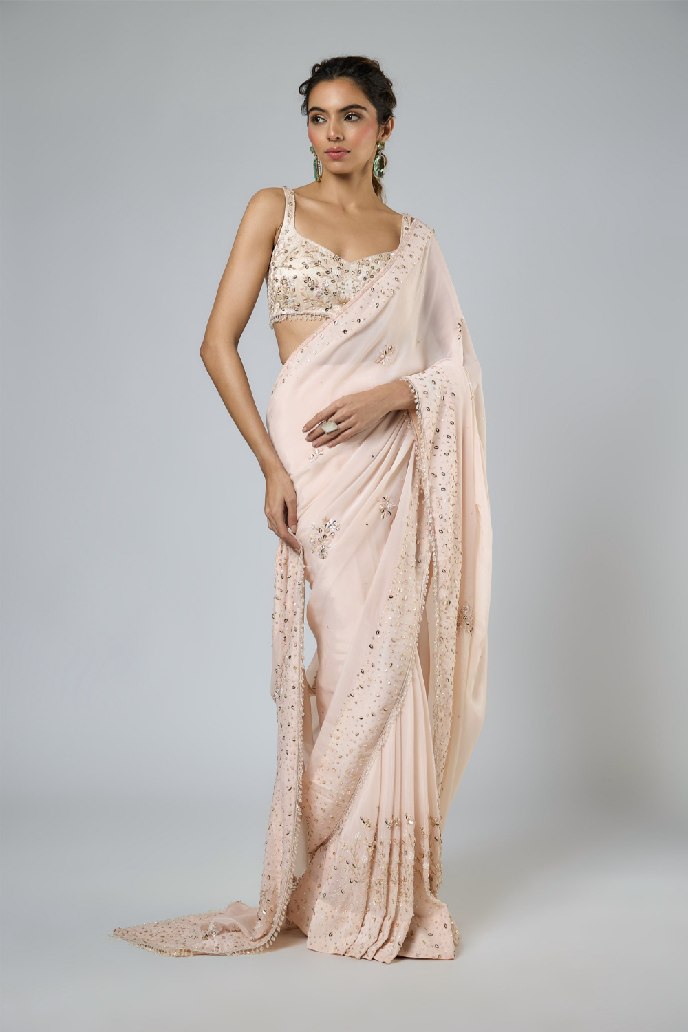 Light Peach Heavy Intricate Floral Embroidered Saree Set