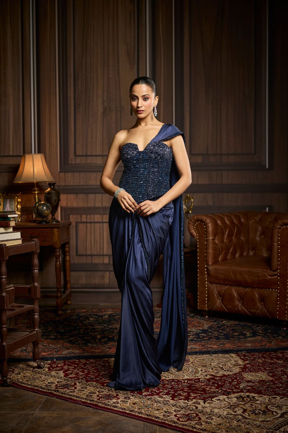 MIDNIGHT BLUE EMBELLISHED CORSET AND SOLID DRAPED DHOTI SAREE SET