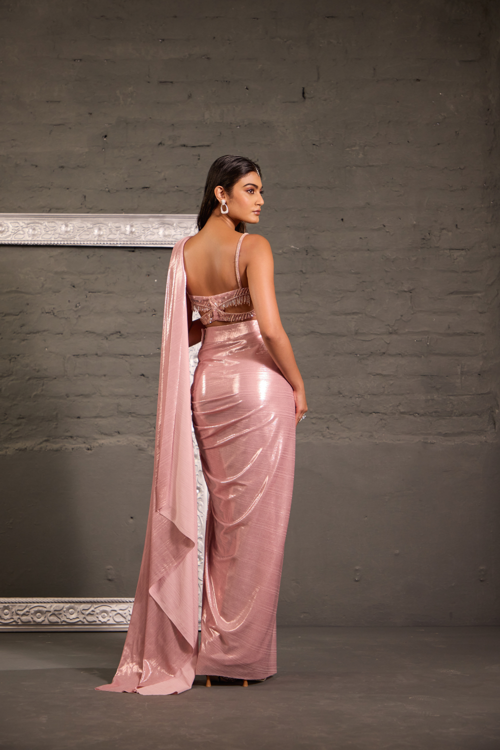 Pink Cutwork Blouse With Metallic Drape Saree
