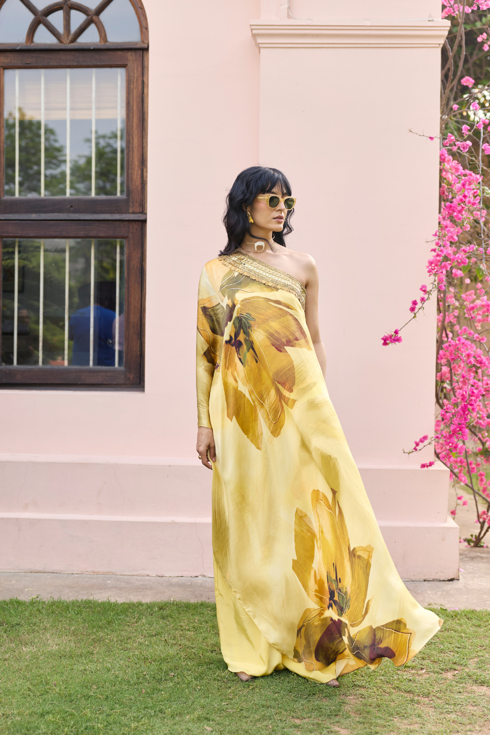 BUTTER YELLOW FLORAL, ONE SHOULDER KAFTAN SET
