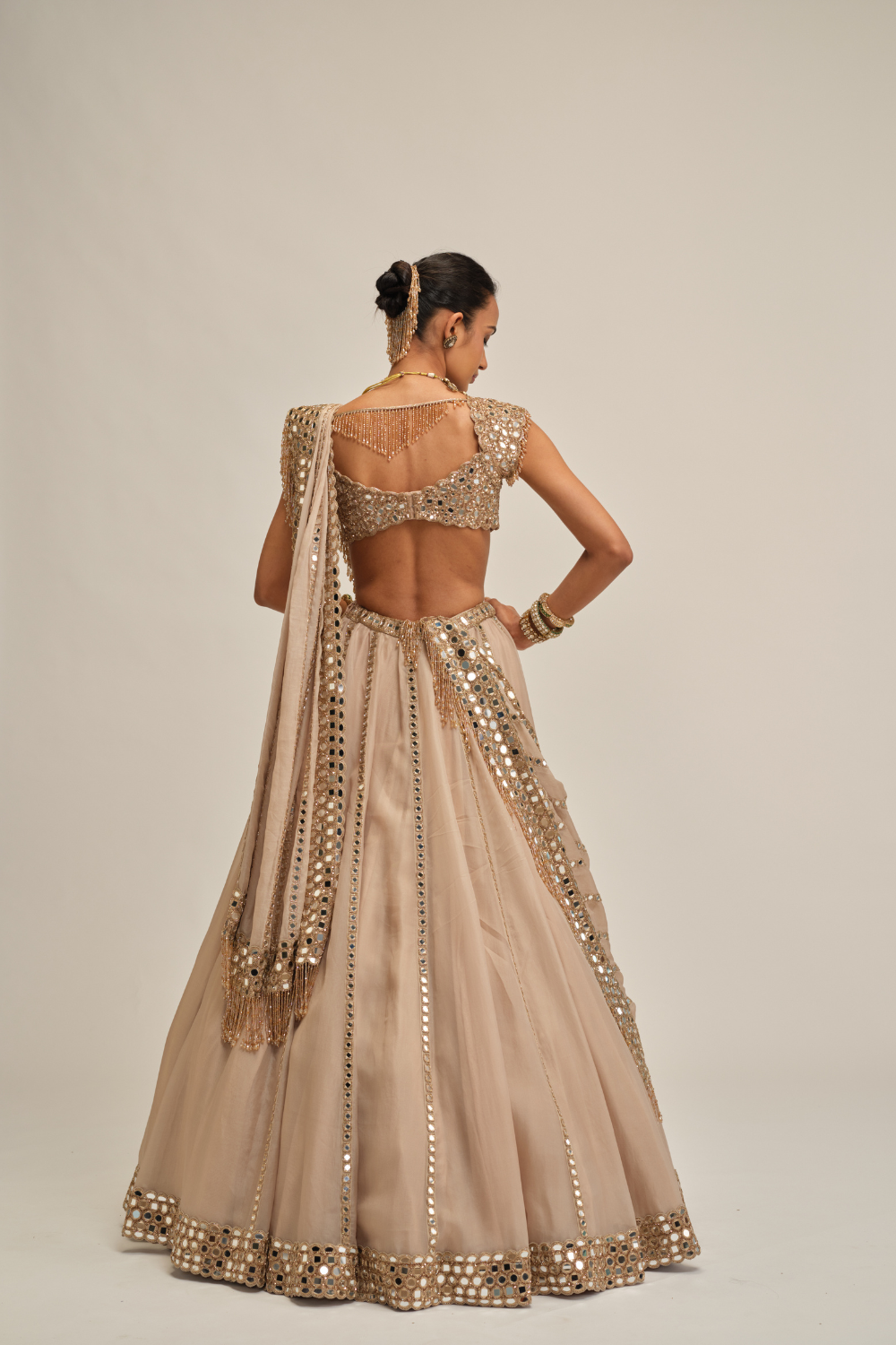 Light Beige Mirror Linear Embroidered Lehenga Set