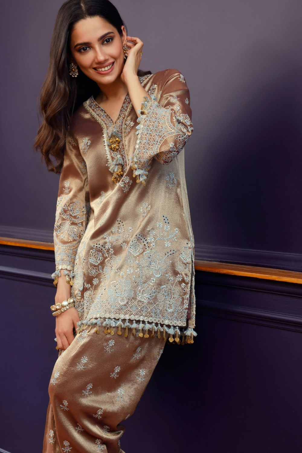 Lovi Tissue Pista Brown Kurta With Farshi Salwar