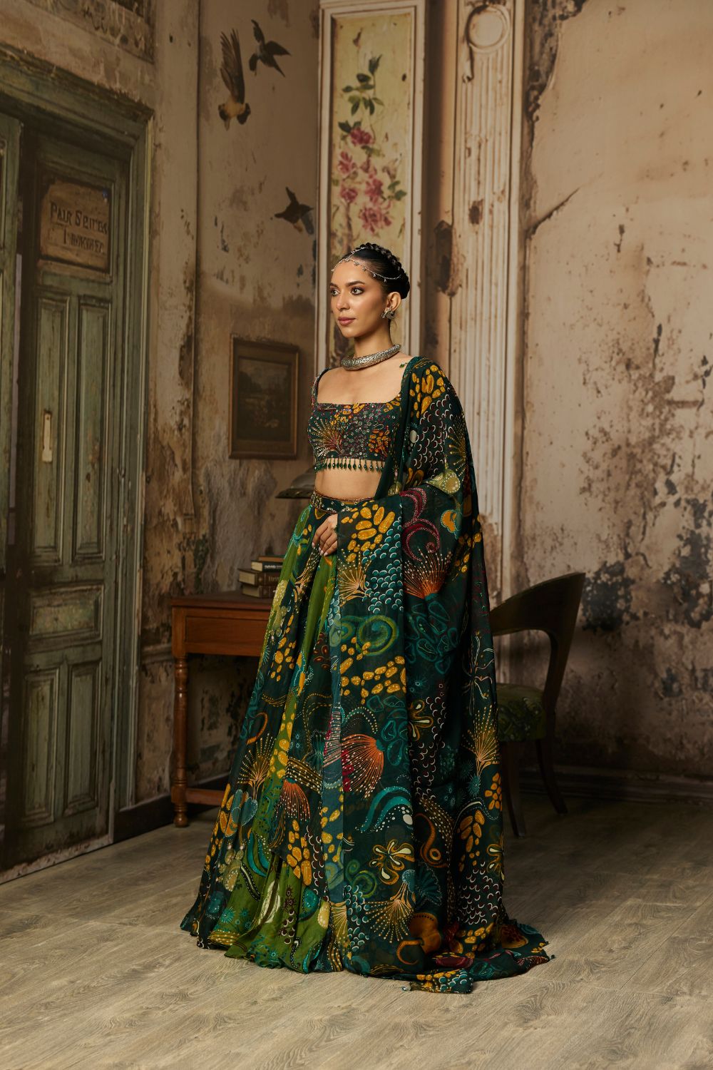 DARK GREEN DUAL PRINTED AND HIGHLIGHTED LEHENGA SET