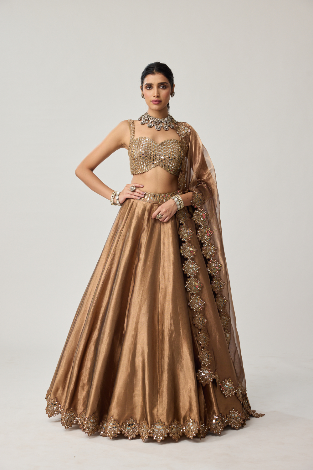 Copper Tissue Mirror Geometry Lehenga Set