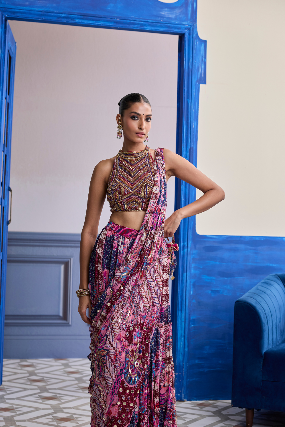 Fuchsia Embroidered Blouse with Floral Drape Tiered Saree Set