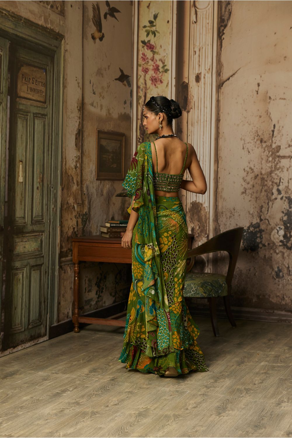 PEAR GREEN PRINTED AND HIGHLIGHTED RUFFLE SKIRT SAREE SET
