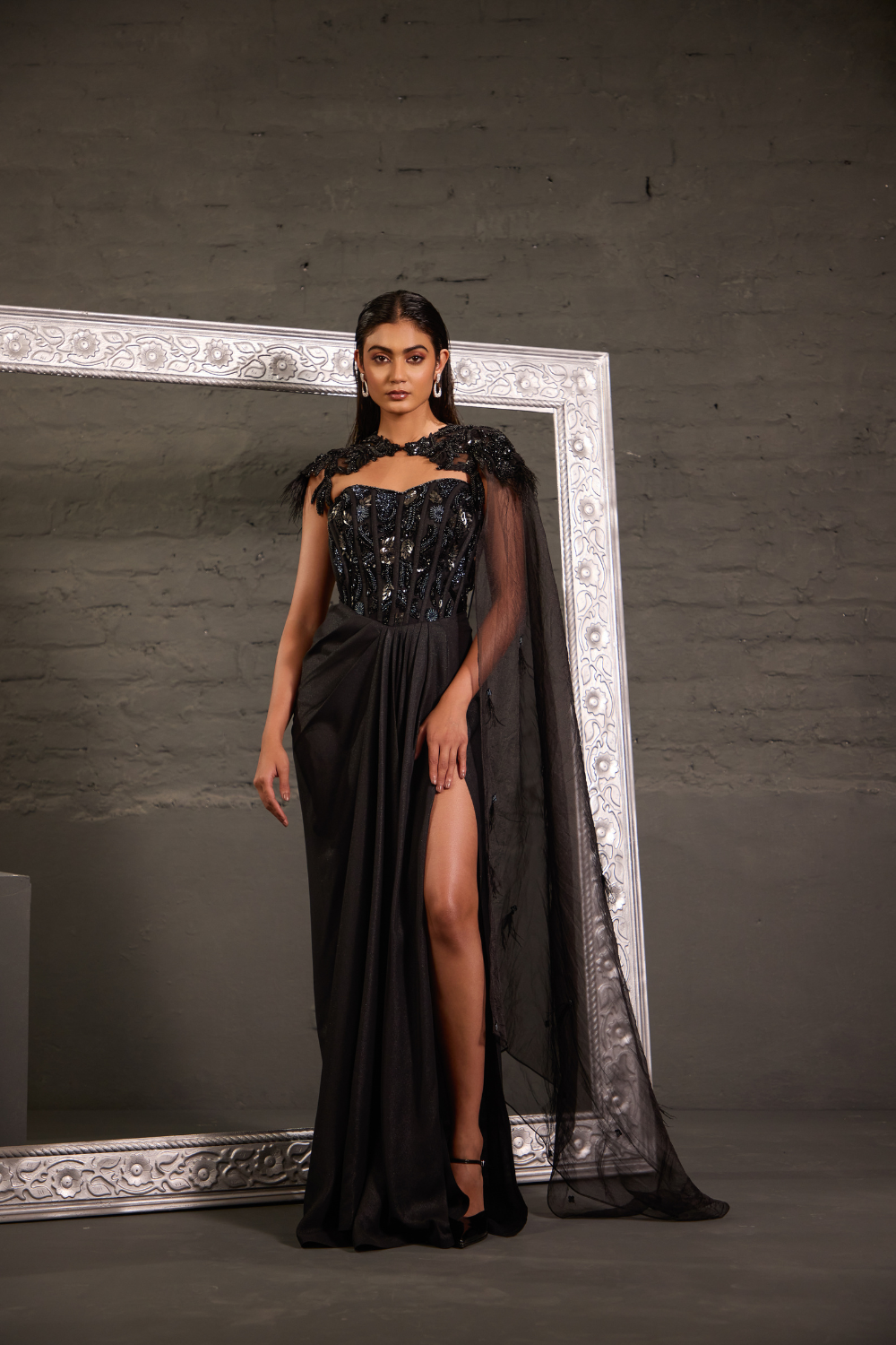 Metallic Corset Gown With Detachable Shoulder Cape