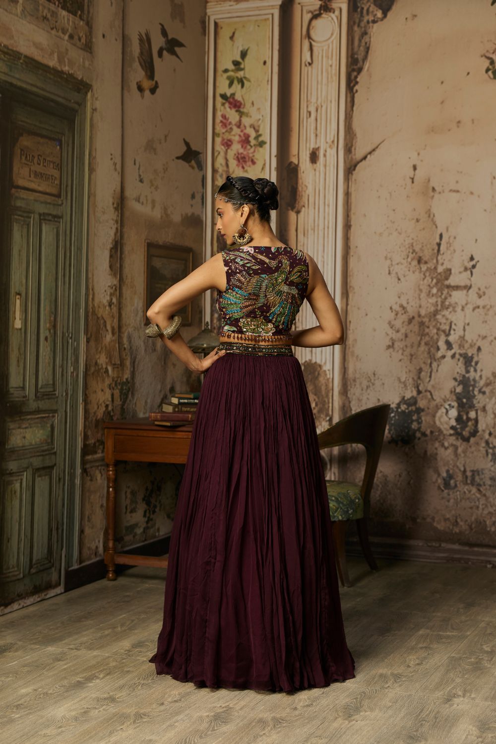 PLUM PRINT AND HIGHIGHTED BLOUSE WITH SKIRT SET