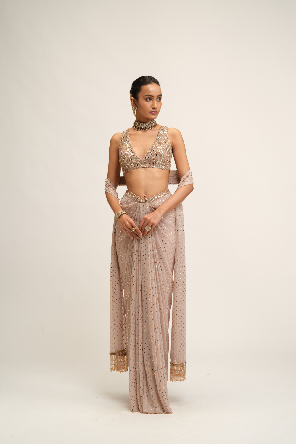 Ash Pink Draped Skirt with V-Neck Blouse Set