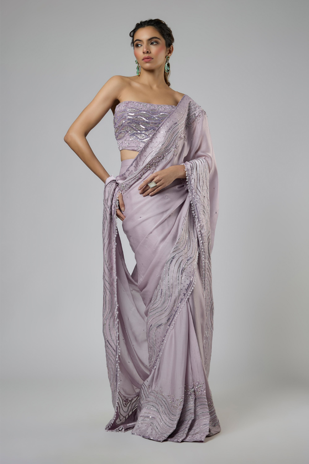 DUSTY lILAC INTRICATE EMBROIDERED SAREE WITH CORSET BLOUSE