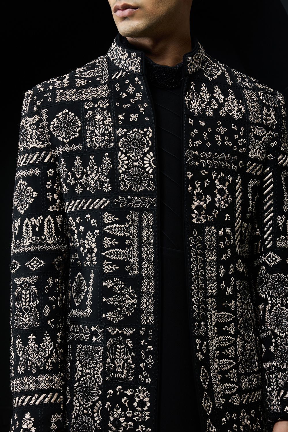 Black open bandhgala with thread,sequins & pearl work