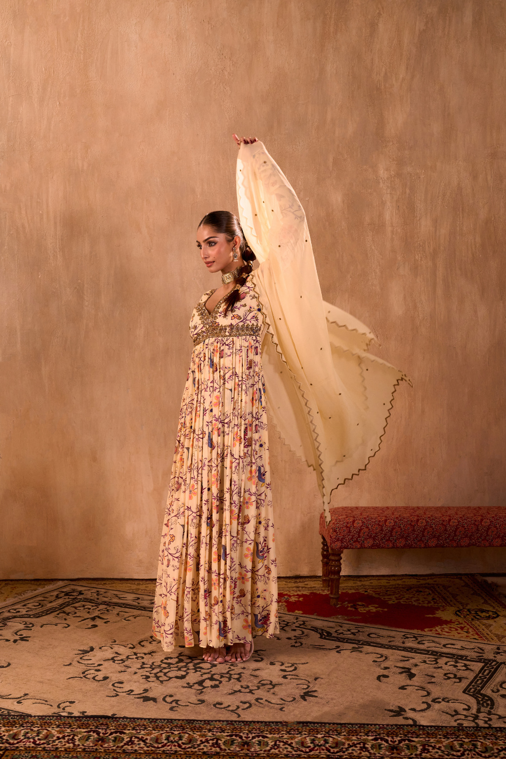 IVORY PRINT EMBROIDERED ANARKALI AND DUPATTA SET