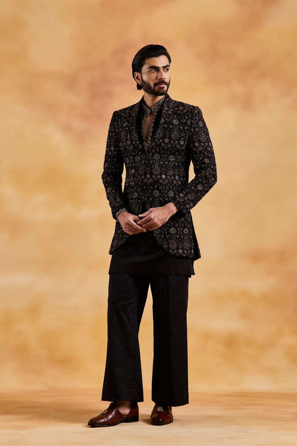 Black Velvet Overlap Jacket with Kurta and Trousers