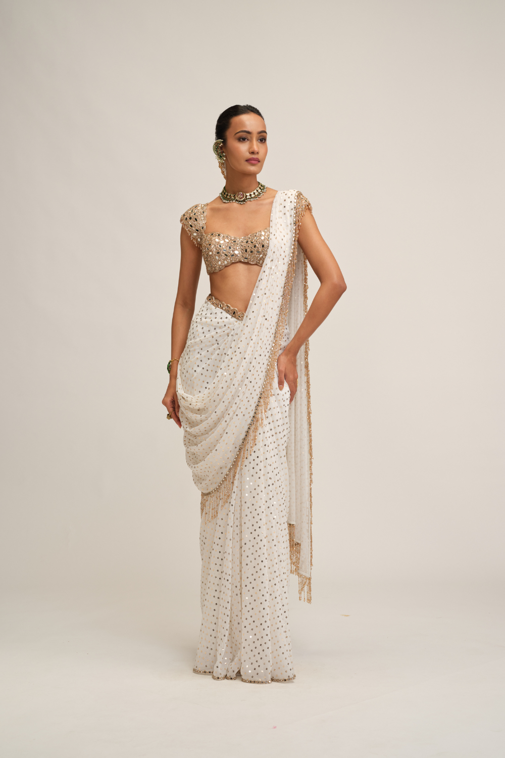 Off White Draped Saree Set