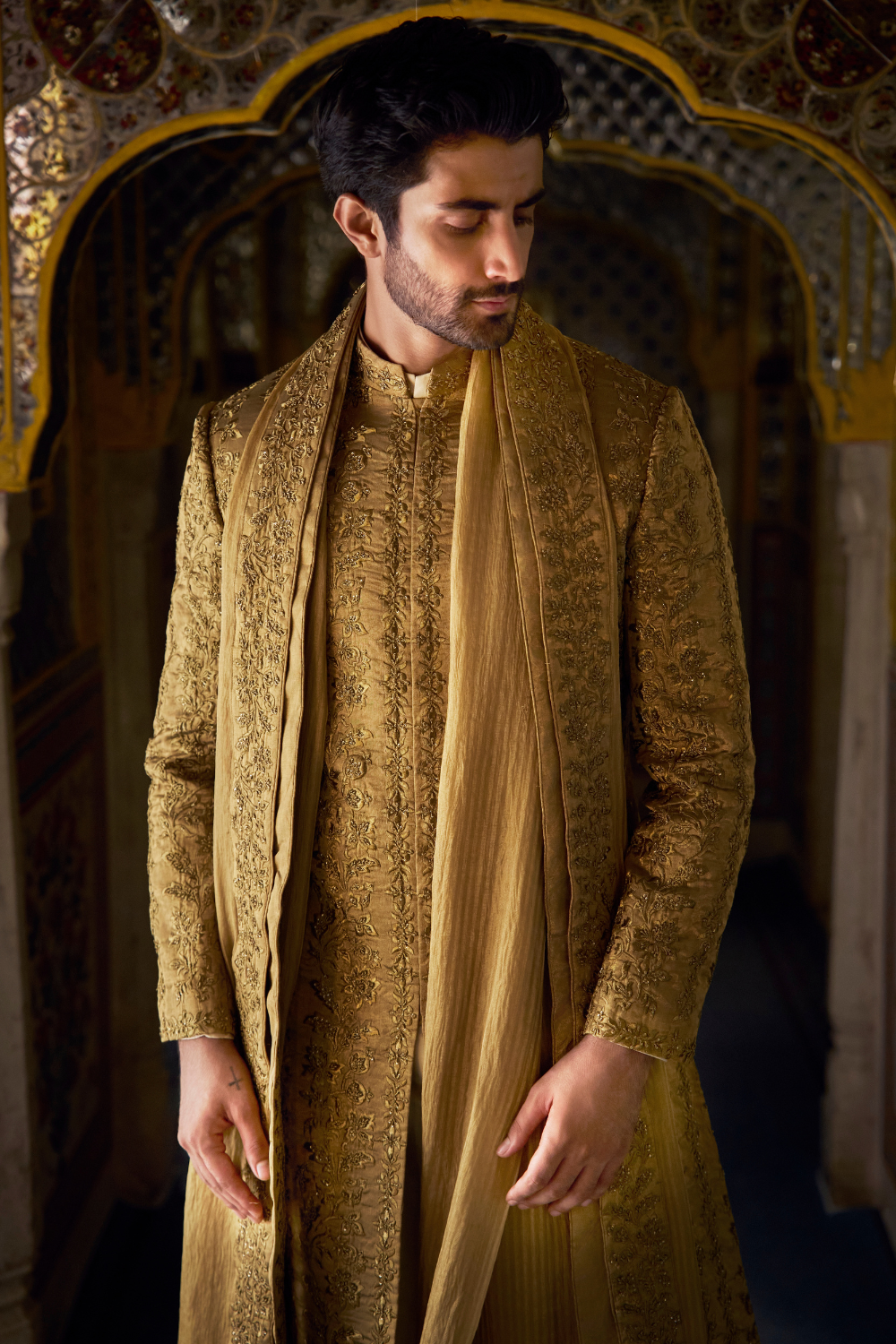 Antique Gold Tissue Sherwani Set