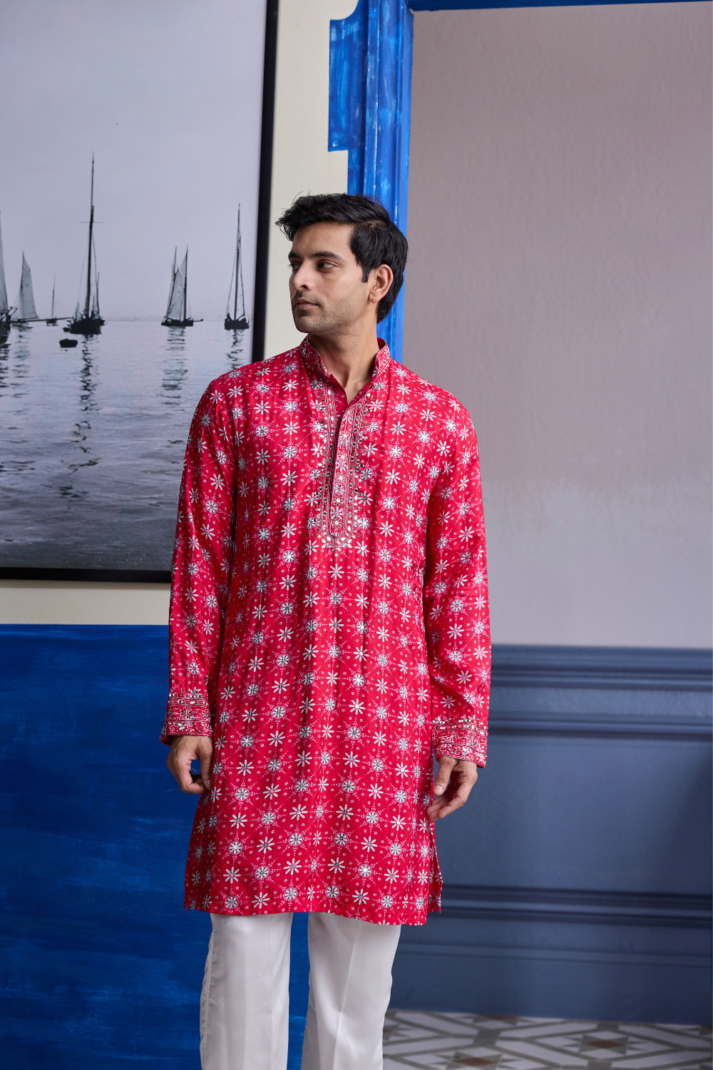 RED PRINT HIGHLIGHTED KURTA WITH PRINT EMBROIDERED BUNDI AND IVORY PANTS