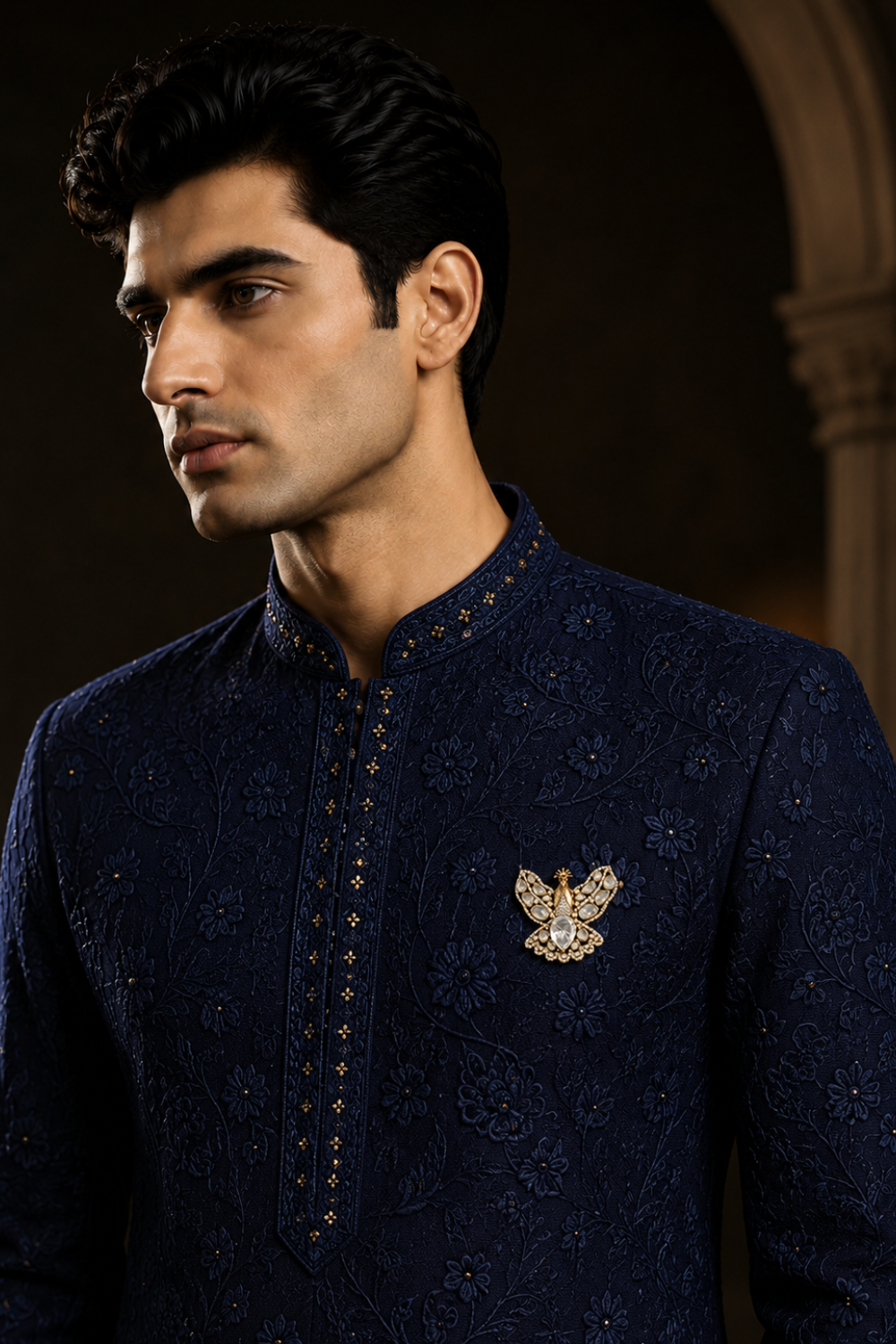 Gold Plated White Stone Peacock Motif Brooch