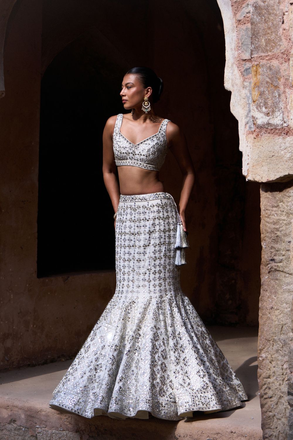 NIRMAL — Ivory Raw Silk Lehenga Set