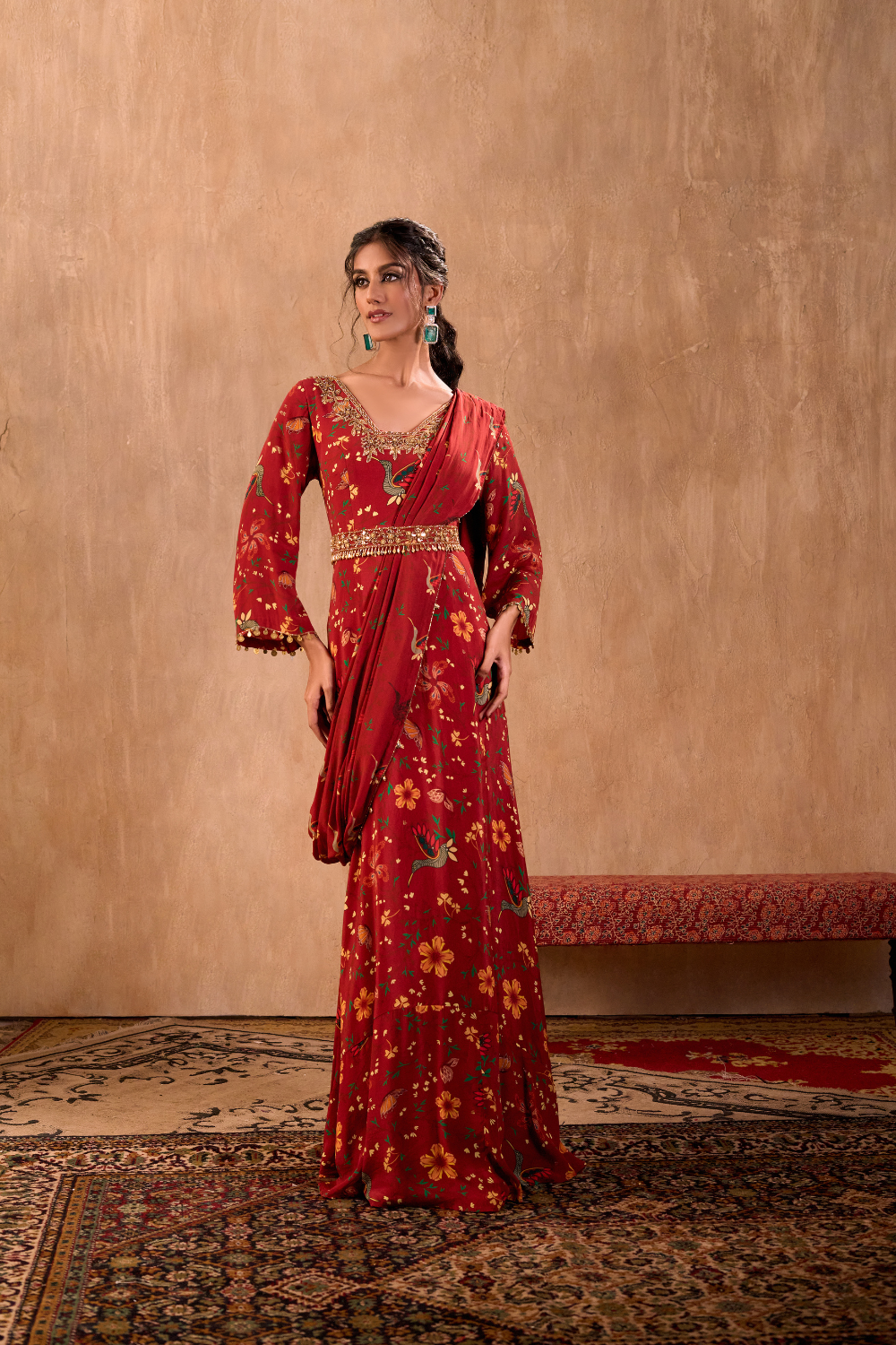 RED PRINT EMBROIDERED ANARKALI WITH DRAPE AND BELT SET