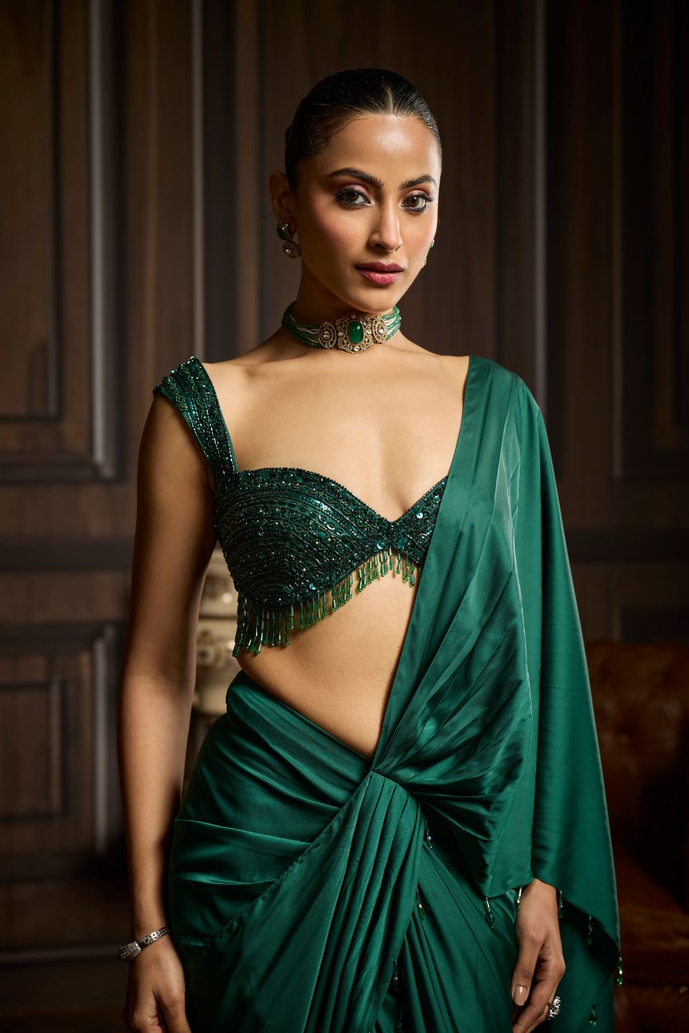 EMERALD GREEN EMBELLISHED BLOUSE AND PRE-DRAPED DHOTI SAREE SET