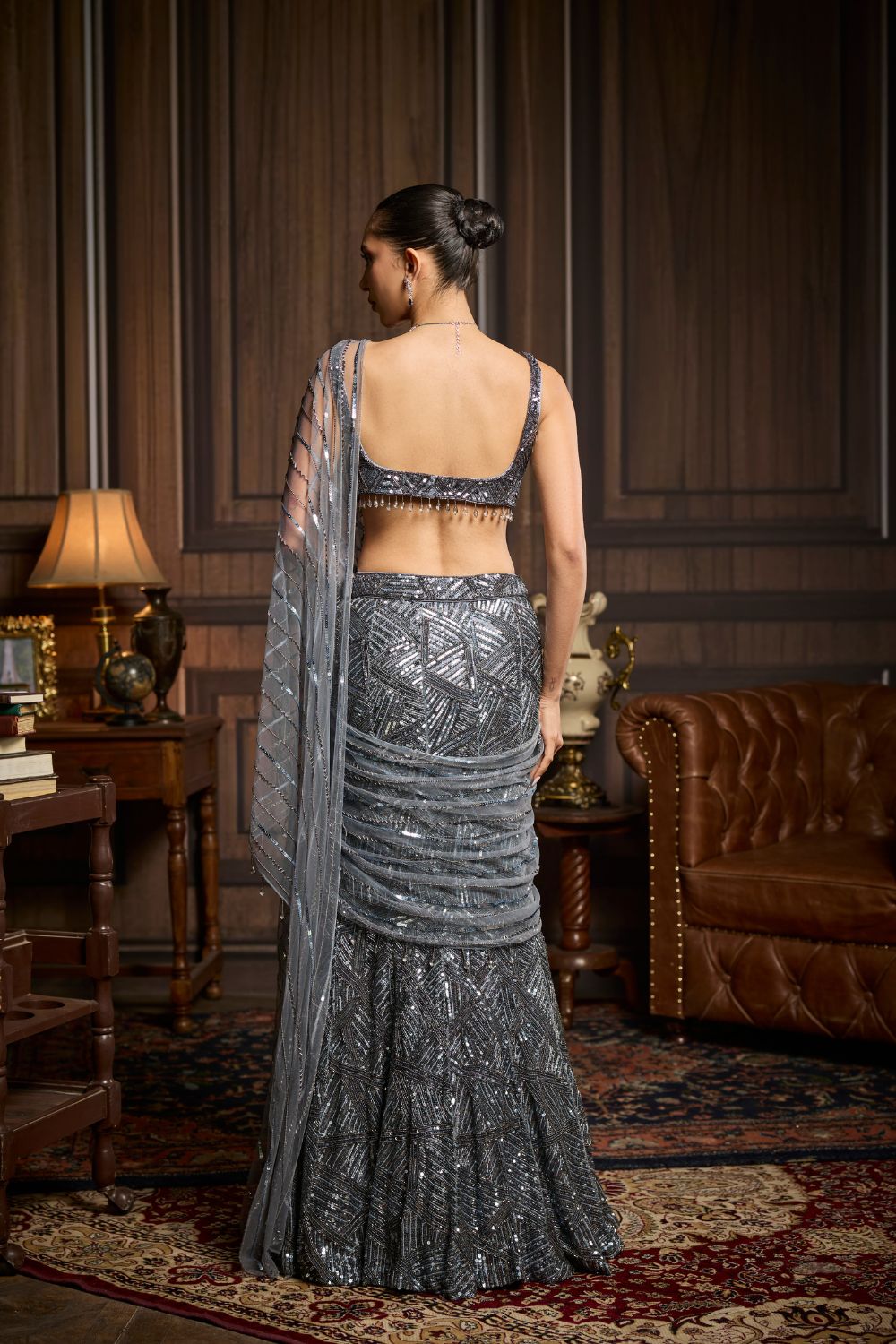 GUNMETAL EMBELLISHED PRE-DRAPED SKIRT SAREE SET