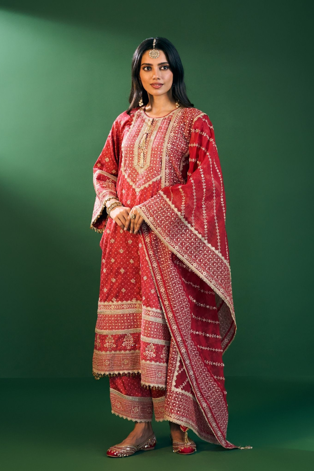 Lari Pima Satin Printed Red Kurta Set