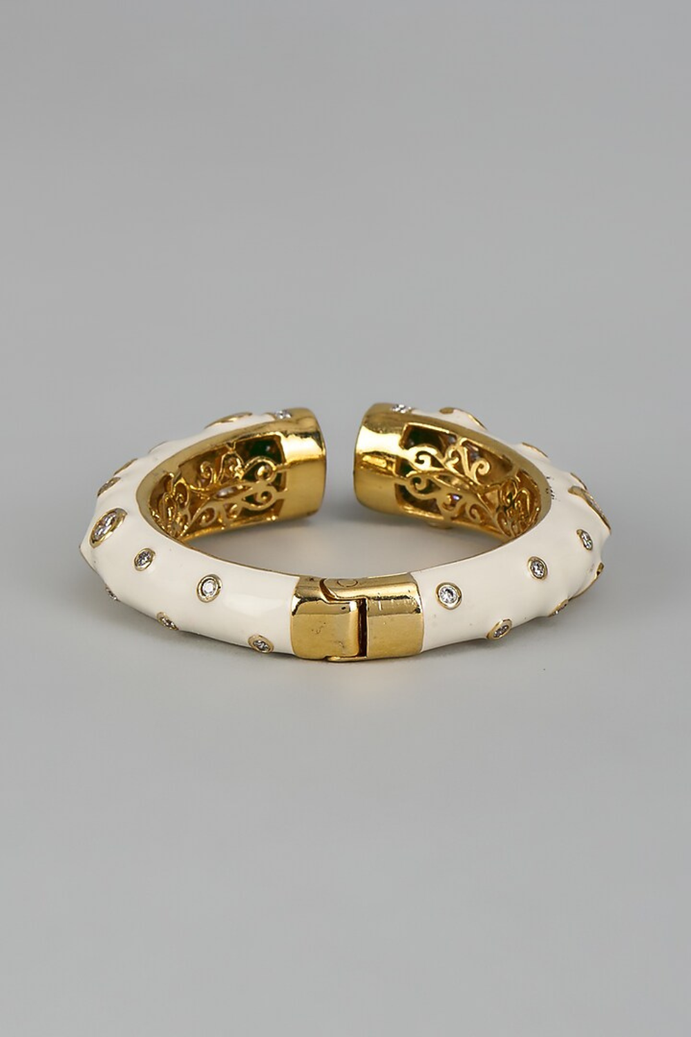 White Enamel Green Stone Open Cuff Statement Bangle