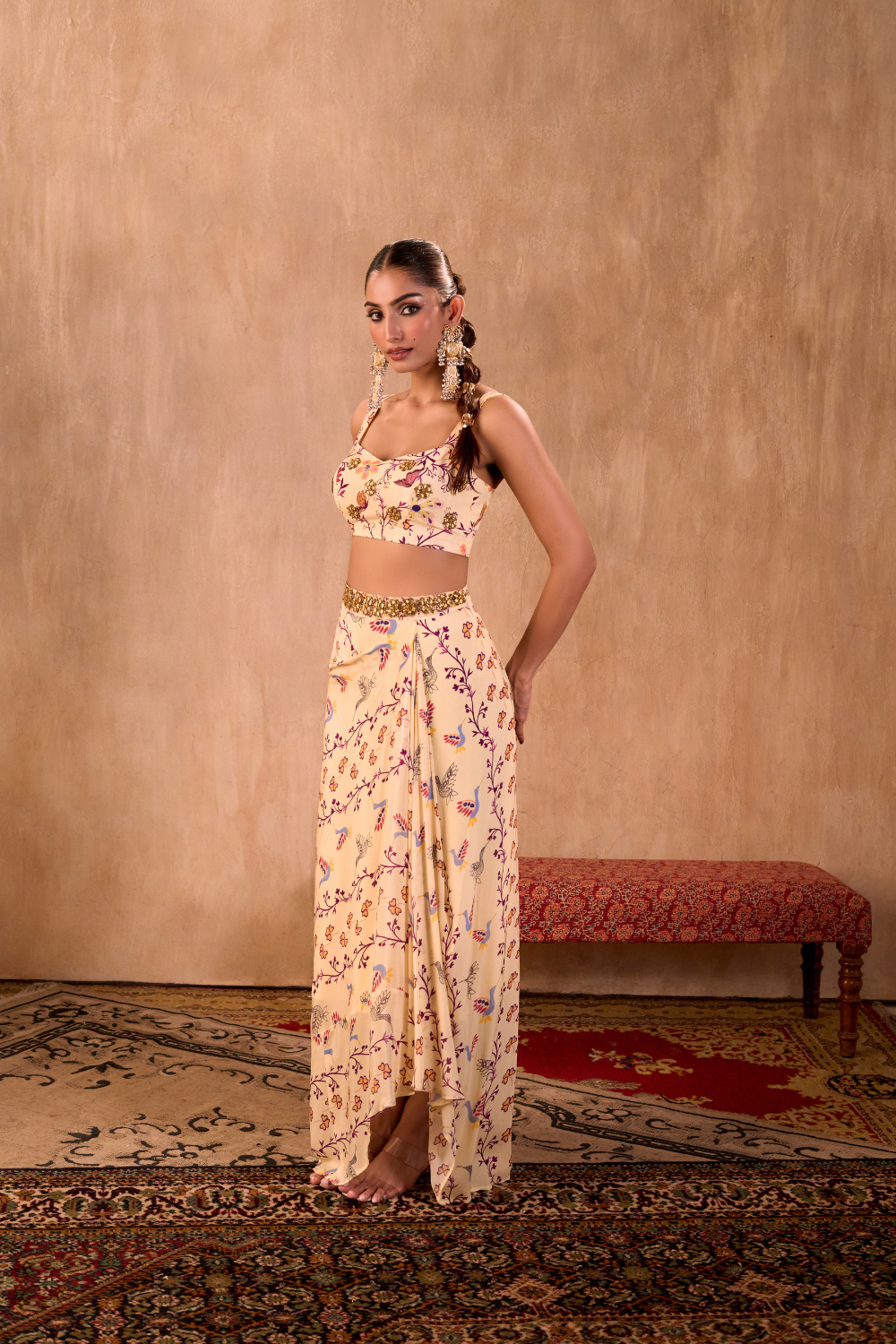 IVORY PRINT EMBROIDERED CHOLI, DRAPED SKIRT AND DUPATTA SET