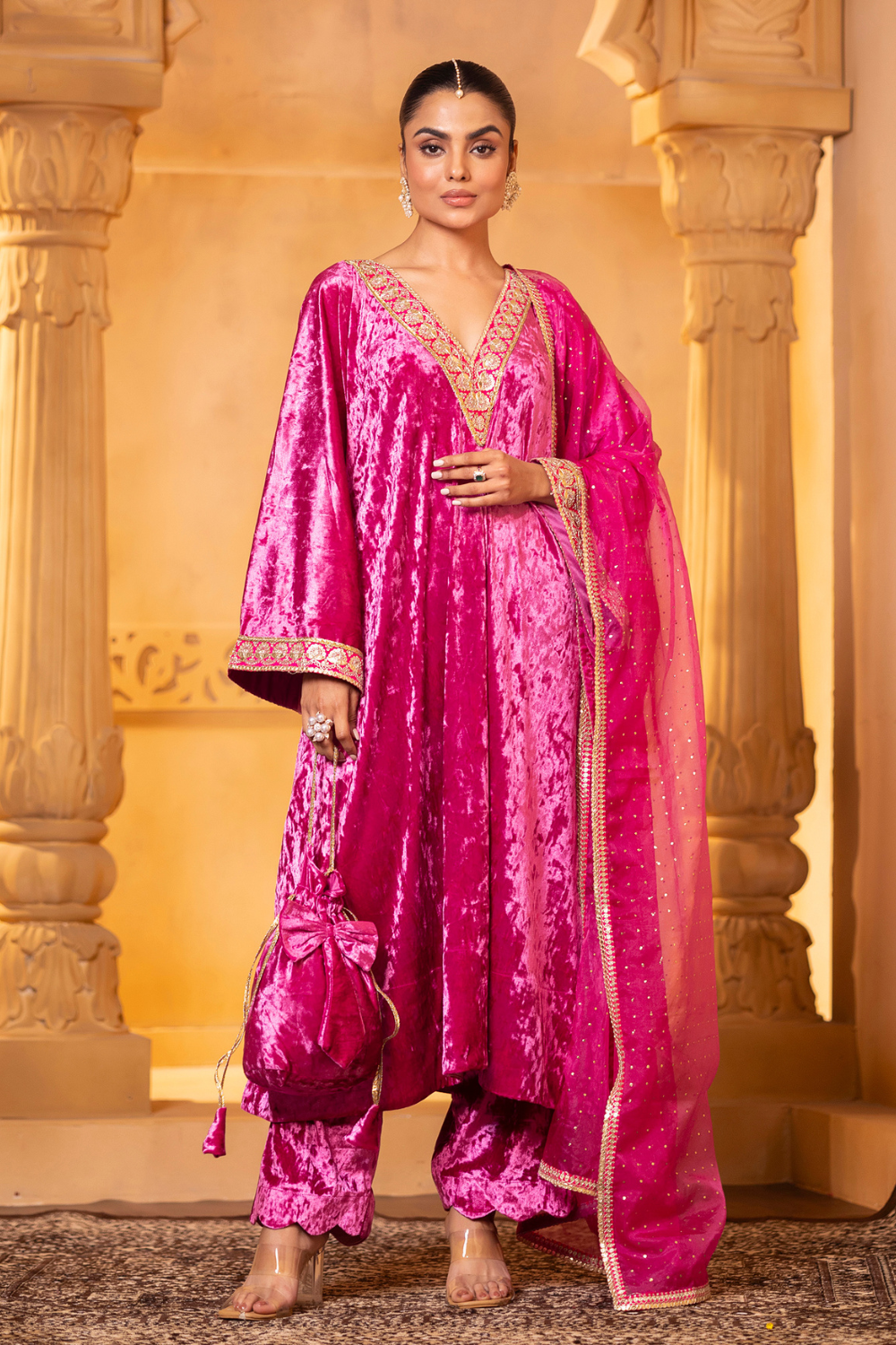Pink Velvet Kaftan Set