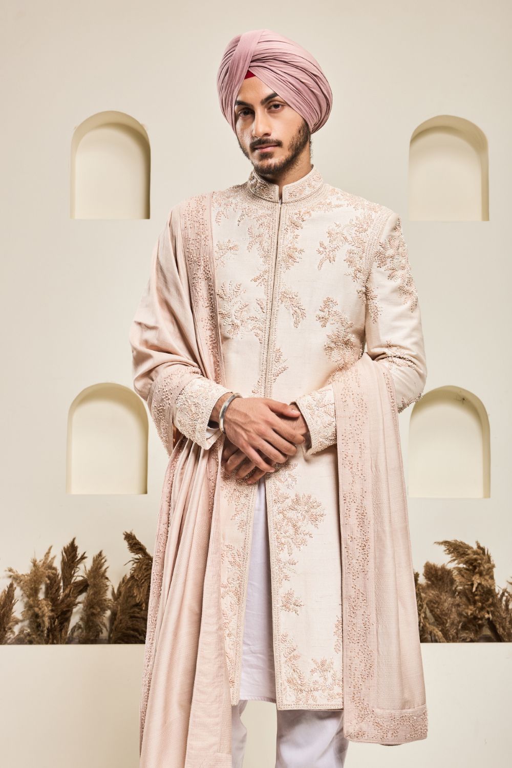 Dusty rose sherwani with pearl,sequins, critical and spring work