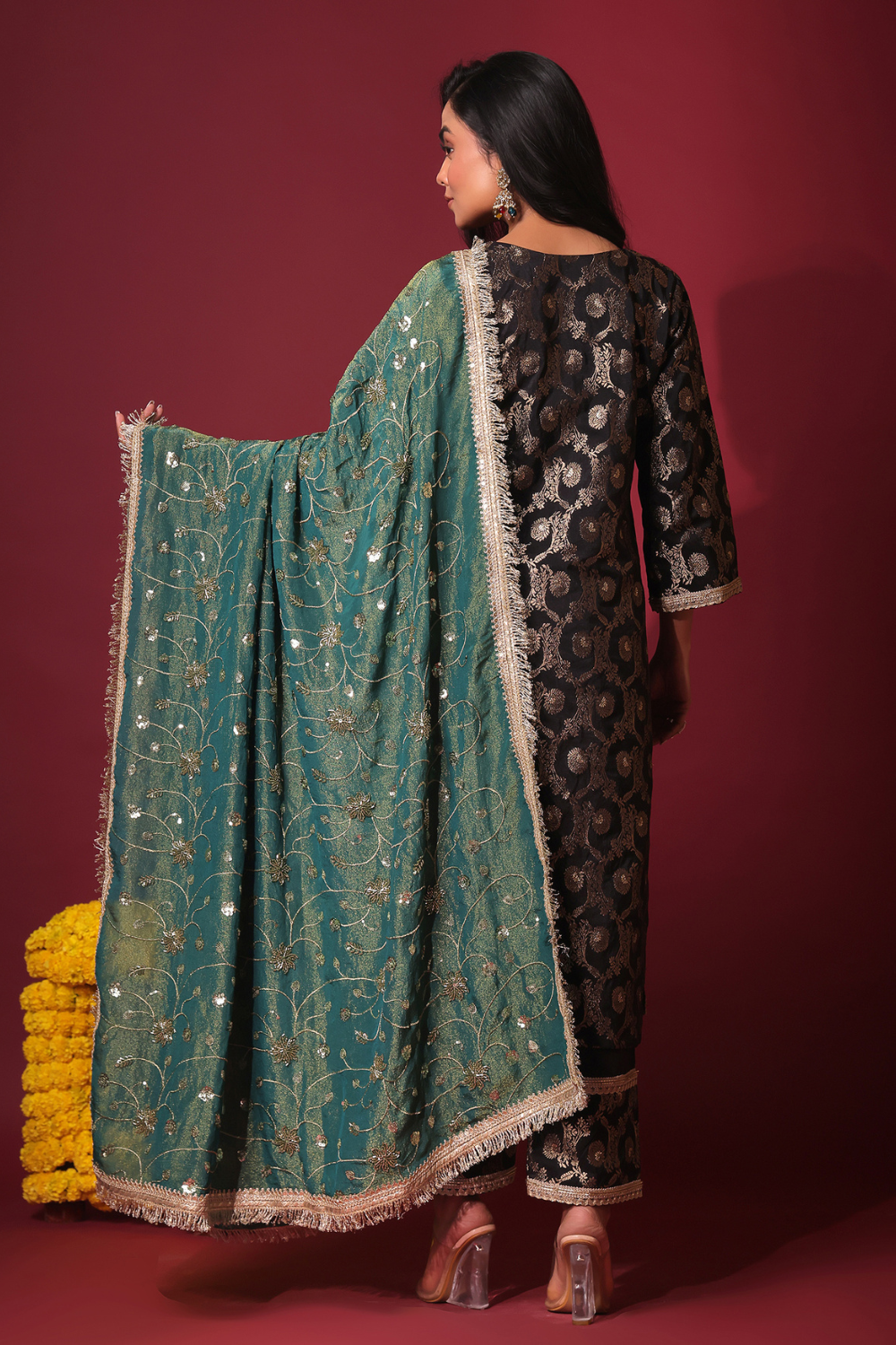 Black Brocade Kurta and Pant with dupatta
