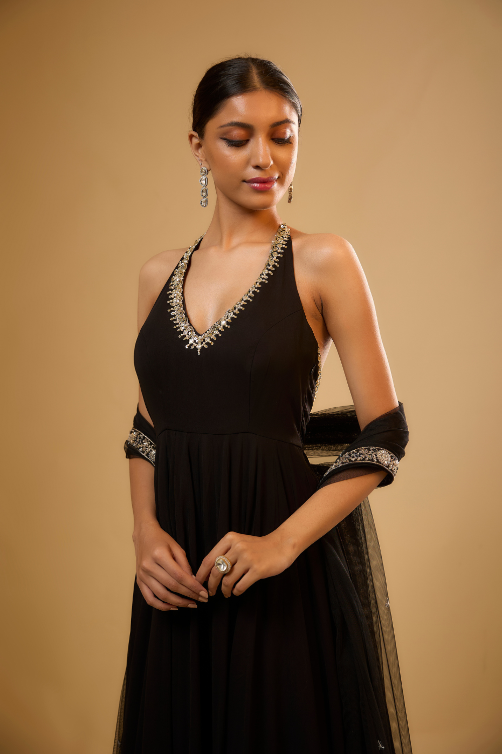 Black georgette anarkali set embroidered with gold cut dana & sequins