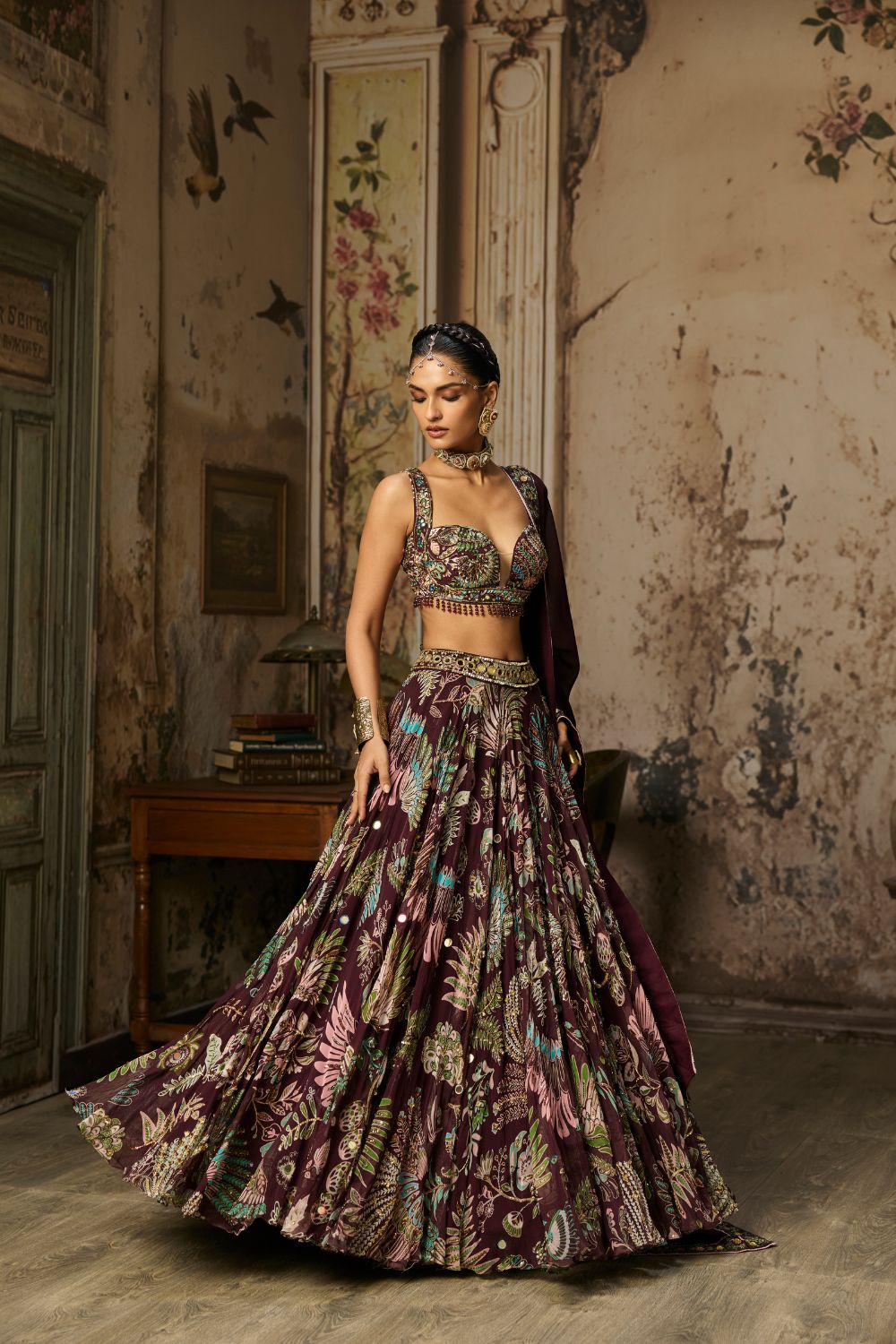 PLUM PRINTED AND HIGHLIGHTED LEHENGA SET