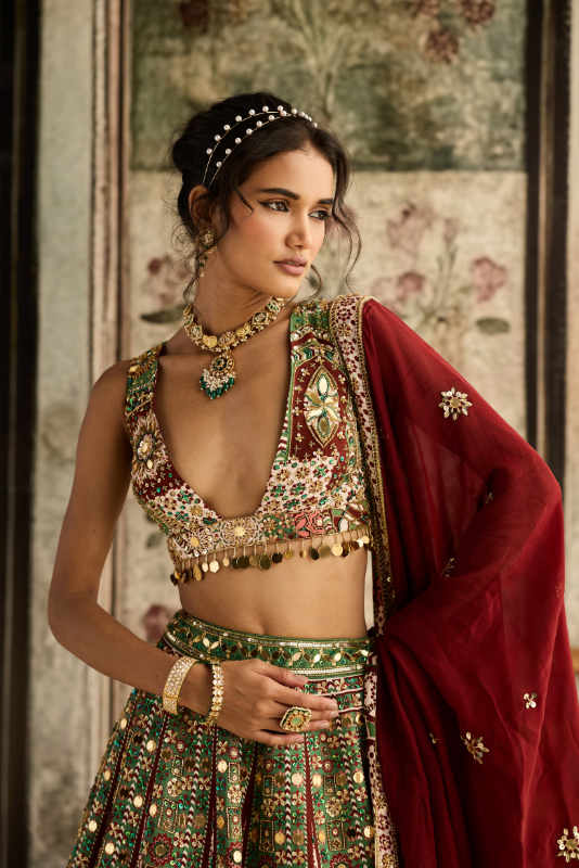 SAGE-MAROON PRINT AND HIGHLIGHTED LEHENGA SET