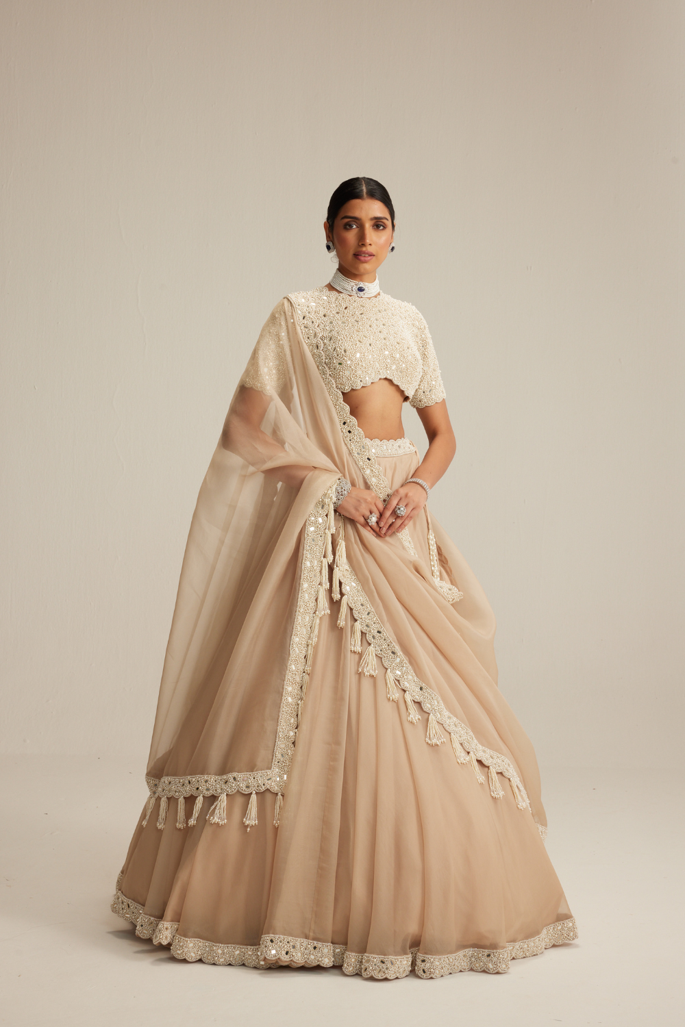 Light Beige Organza Lehenga Set with High Neck Blouse