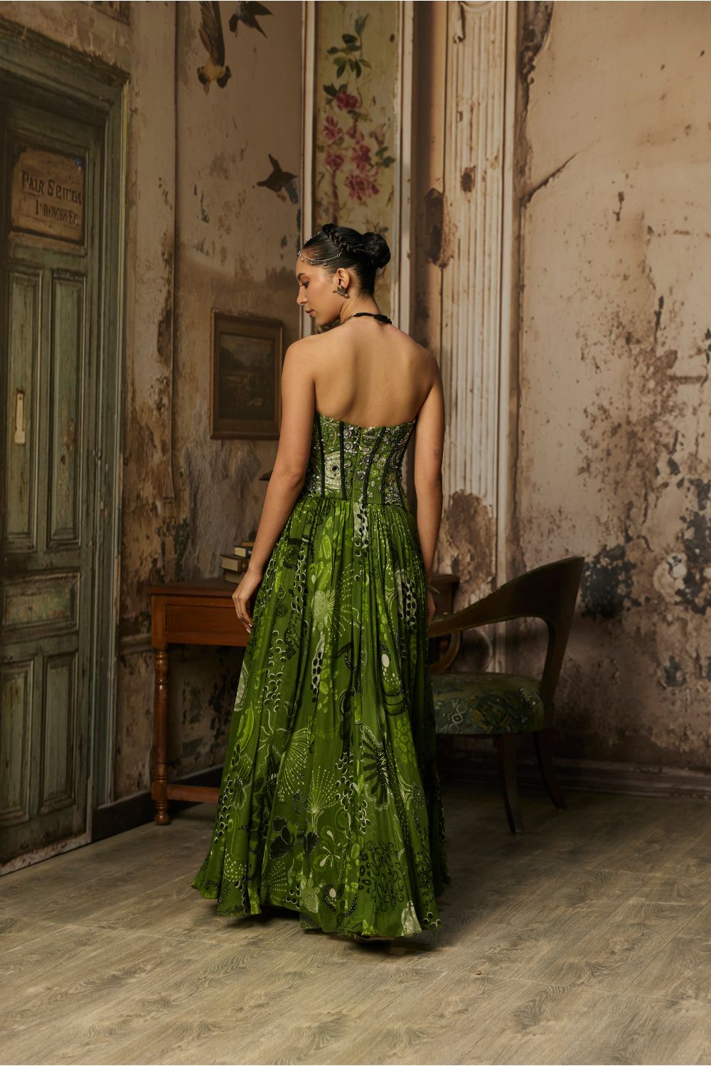 PEAR GREEN PRINT AND HIGHLIGHTED CORSET GOWN