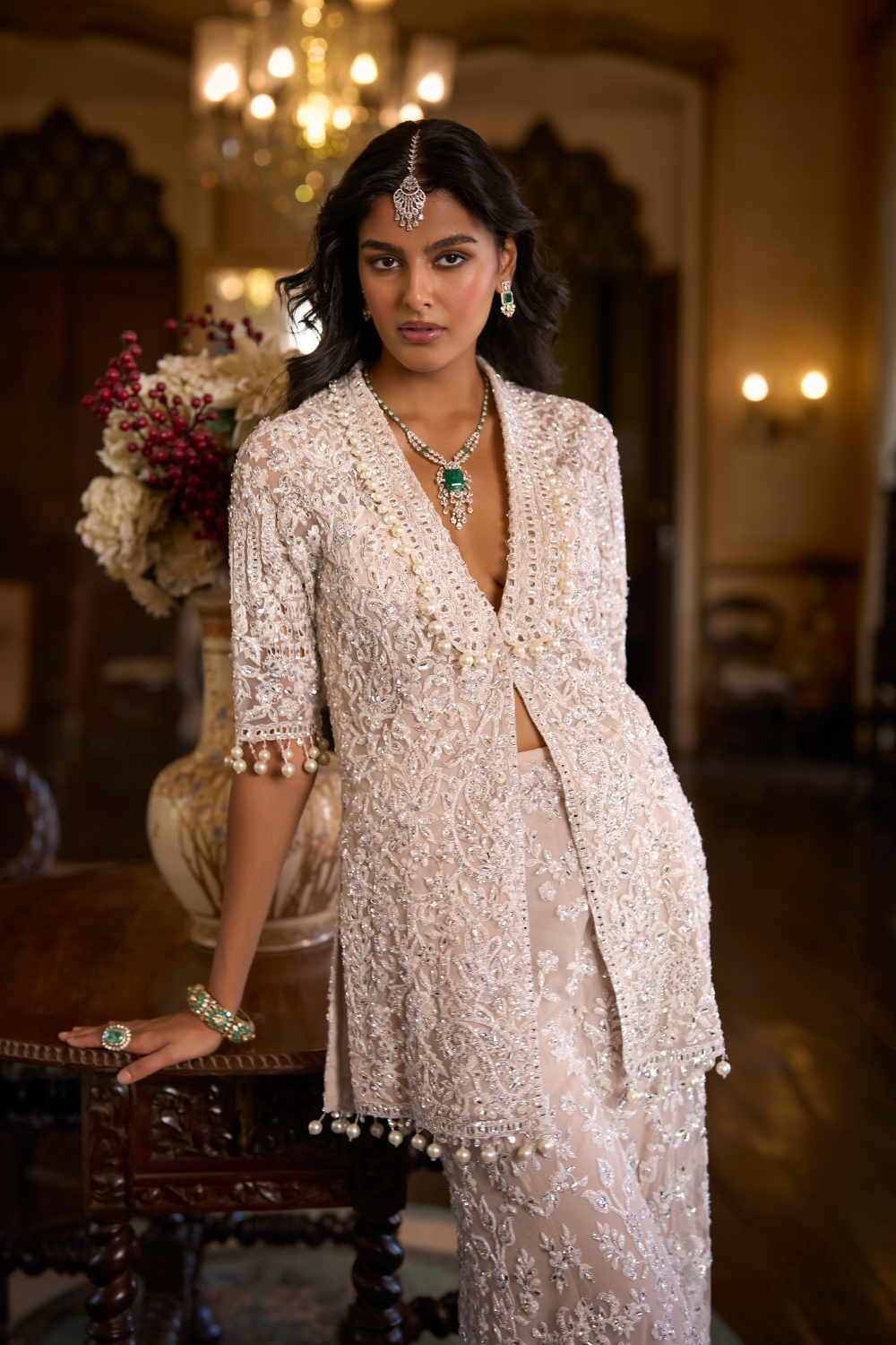 White Sequin Jacket Sharara Pant Set