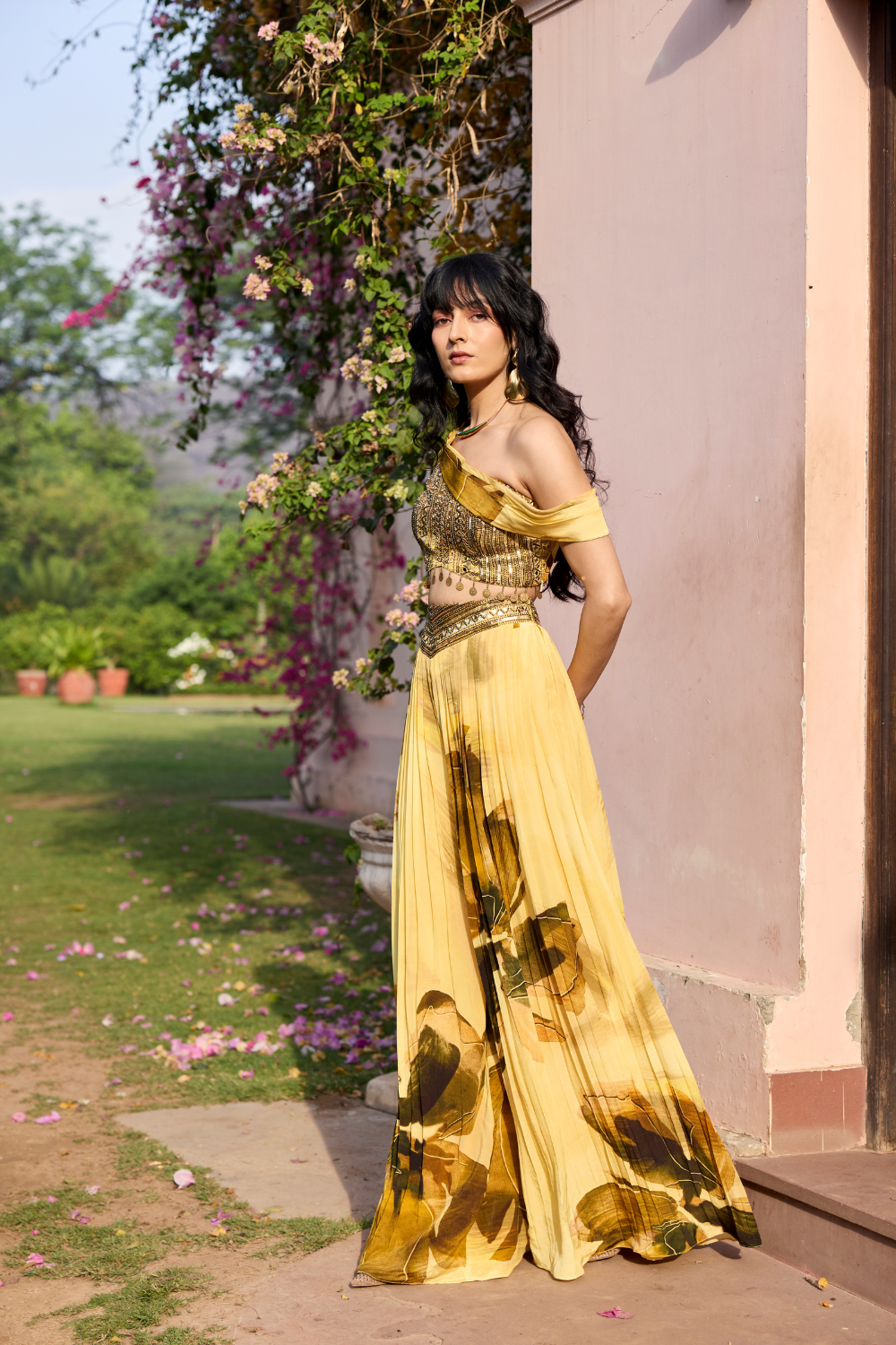 BUTTER YELLOW FLORAL ONE SHOULDER CO-RD SET