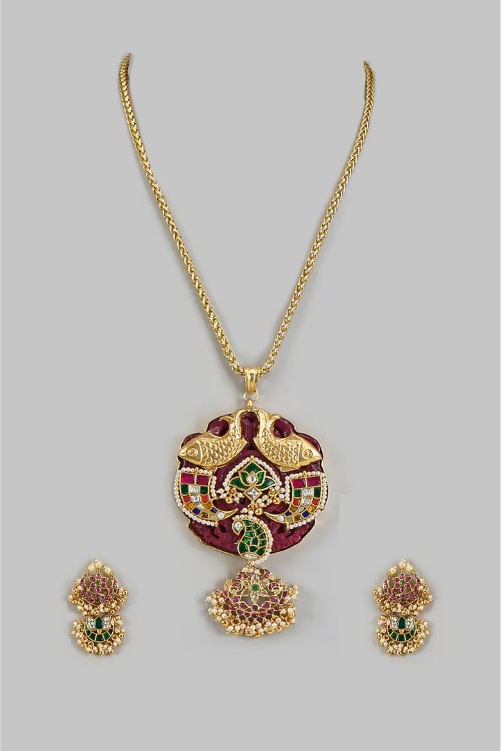 Peacock Heritage Temple Pendant Necklace with Multicolor Stones