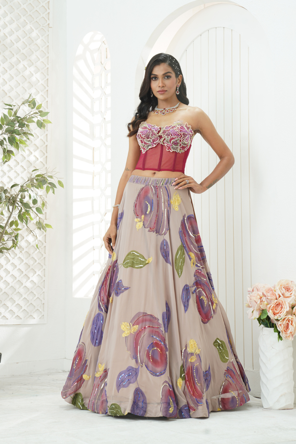 Mauve hand painted lehenga and floral corset set