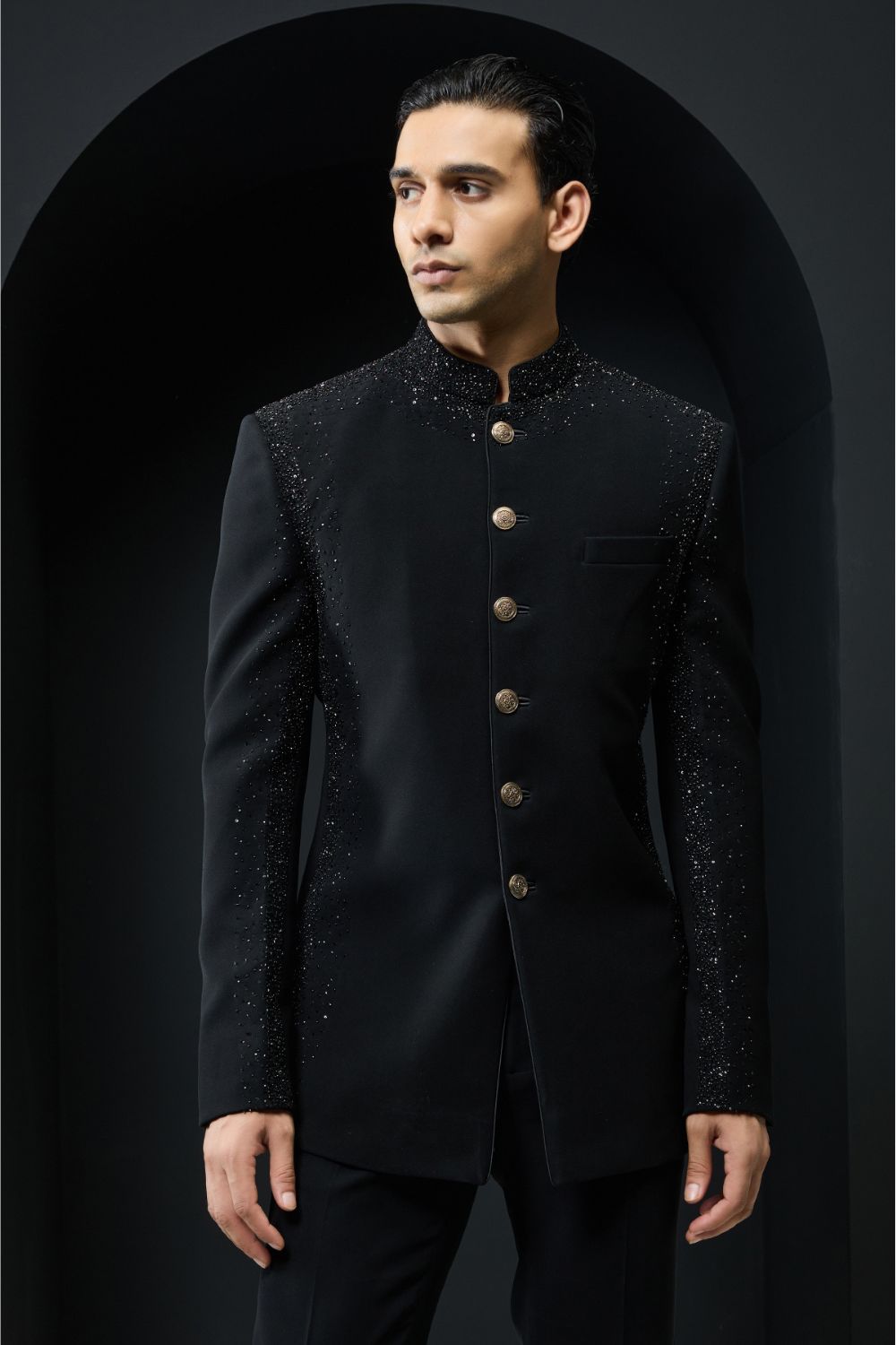 Black Bandhgala highlighted with pearls and sequins